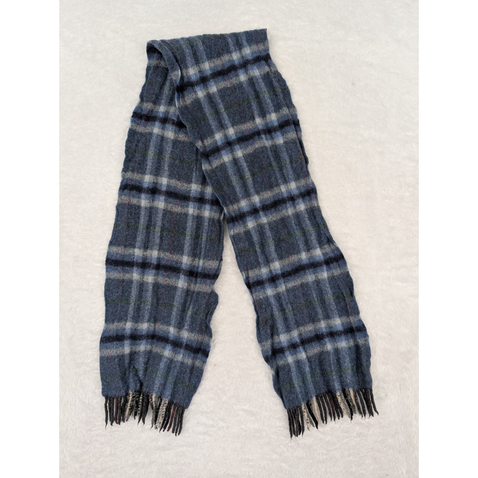 Aran Sweater Market Blue/Gray/Green Plaid Merino Wool Scarf Easter 50"X8"
